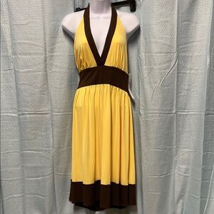 NWT Maggy London Size 10 lemon Yellow and Brown Backless Dress halter tie waist‎